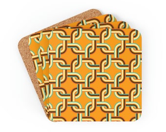 Mid-Century Modern Coaster Set, 4-Piece Coaster Set, Orange Cork Backed Coasters