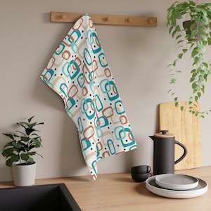 Mid-Century Modernes Küchentuch, Retro Blumen Küchentuch, Blaues Küchendekor