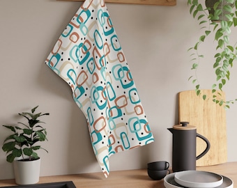 Mid-Century Modern Kitchen Towel, Retro Flower Kitchen Towel, Blue Kitchen Decor