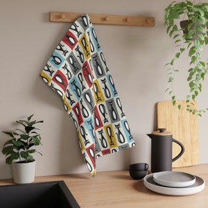 Mid-Century Modern Küchentuch, MCM Katze, Gelb, Rot, Petrol, Grau