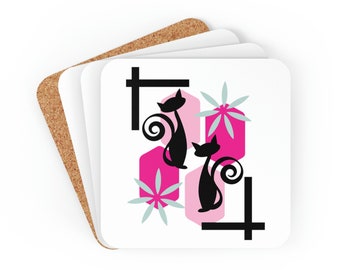 Mid-Century Modern Coaster Set, 4-Piece Coaster Set, Retro Cats Cork Backed Coaster