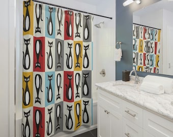 Mid-Century Modern Shower Curtain, Retro Shower Curtain, Atomic Cat