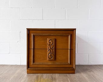 Vintage Mid-Century Modern Bassett Mayan Walnut 2-Drawer Nightstand