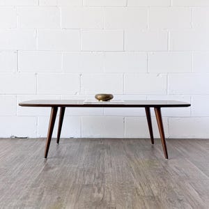 Vintage Mid-Century Modern Teak & Walnut Surfboard Coffee Table w/ Angled Tapered Legs