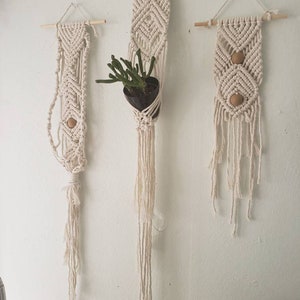 May include: Three macrame plant hangers in varying designs. The hangers are made of off-white cotton rope and feature wooden dowels and decorative wooden beads. One hanger holds a small potted plant with green foliage.