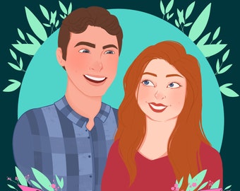 May include: A cartoon illustration of a couple, David and Colleen, with a blue and white plaid shirt and a red dress, surrounded by green leaves and pink flowers.