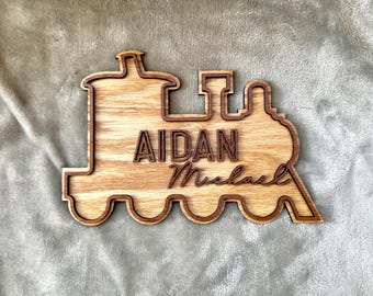 Wooden 3D Baby Name Sign | Small Train Birth Announcement Hospital Sign | Child Bedroom Door Sign