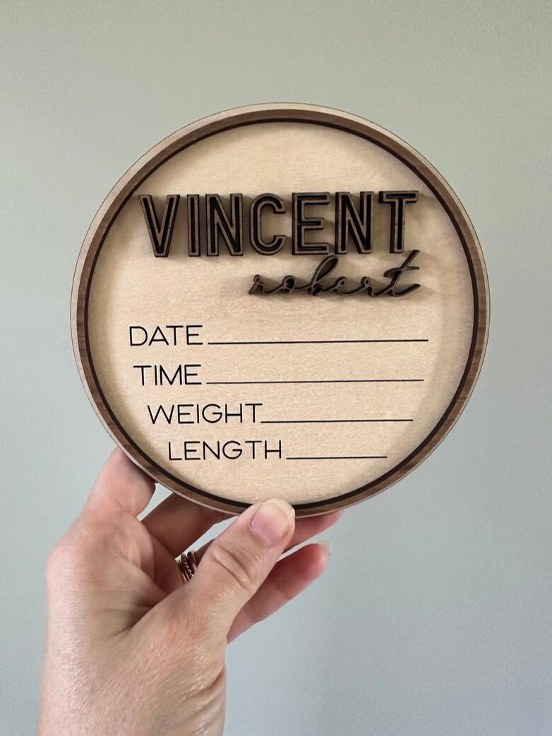 Wooden 3D Baby Name Stats Sign | Small Round Birth Announcement Hospital Sign