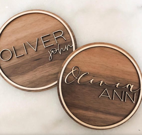 Wooden 3D Baby Name Sign | Small Round Birth Announcement Hospital Sign
