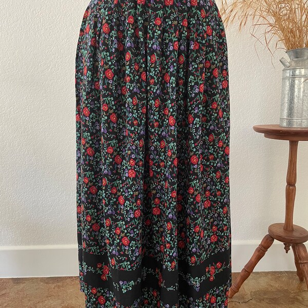 floral vintage skirt / 90s skirt / jewel toned midi / rayon skirt / peasant skirt / boho