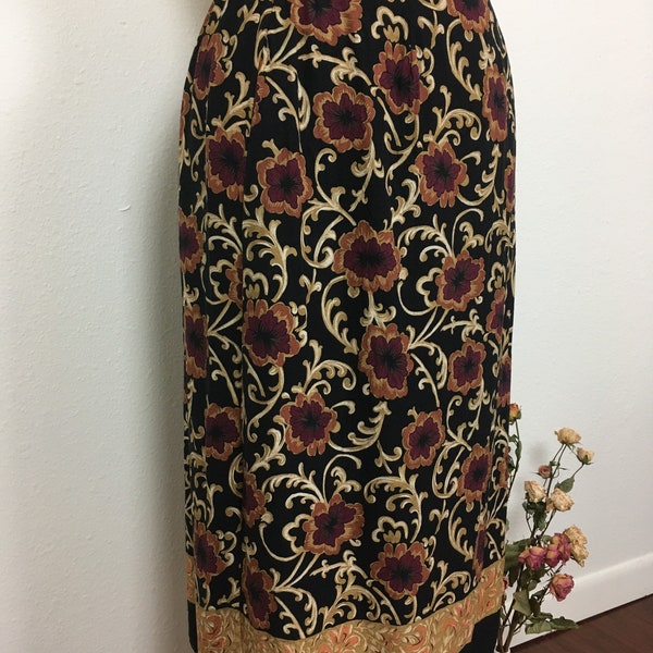 vintage fleur de lis print skirt / floral pencil / work fashion / burgundy gold skirt / petite faux-wrap skirt / holiday / best fits medium