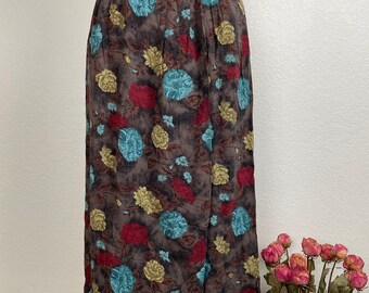 vintage floral skirt / rayon midi / sag harbor / brown and teal / cottagecore skirt / romantic skirt / vintage flowers / autumn skirt /large