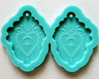 Fabriqué sur commande - Moule de boucles d’oreilles en silicone brillant Celestial Heart - Fabriqué avec des flans en acrylique