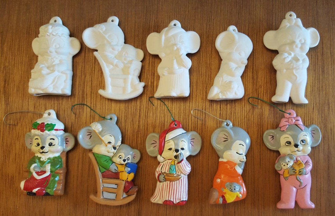 Nighttime Mice Christmas Tree Ornaments Ceramic Bisque 5 pc Etsy