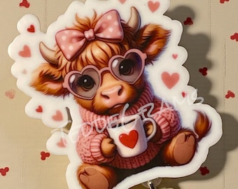 Valentines Badge Reel, Nurse ID Badge, Cute Valentine Badge Reel, Highland Cow, Best Seller Badge Reel