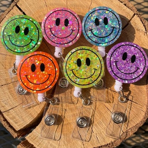 Happy Face Glitter Badge Reel, Sparkle, Badge Reel, Retractable Badge Reel, Bulk Team Gift, Staff Holiday Gift, Team Gift, Bulk Pricing