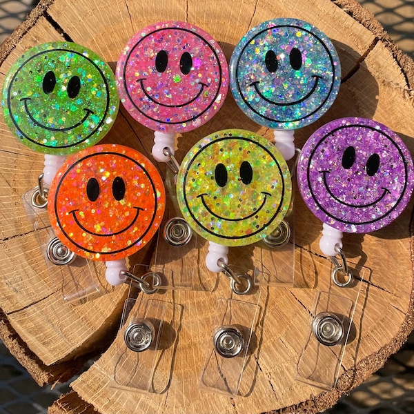 Bobine de badge scintillant Happy Face, porte-carte d'identité rétractable