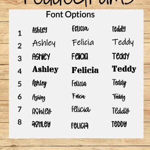 May include: A chart with eight font options for the names Ashley, Felicia, and Teddy. The font options are numbered 1 through 8. The text "Tedde Grams" is at the top of the chart. The text "Font Options" is below the name "Tedde Grams". The text "Your paragraph text" is at the bottom of the chart.