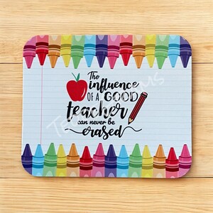 May include: A blue and white lined background with a red apple, a red pencil, and the text "The influence of a good teacher can never be erased". The background is bordered by a row of colorful crayons.