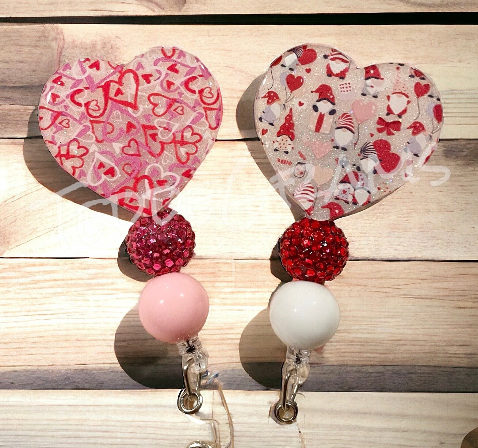 New Glitter Acrylic Valentine's Day Gnome Love Heart Badge Reel