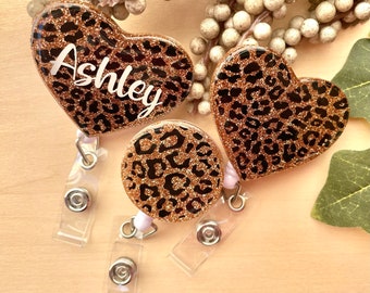 Cheetah Glitter Badge Reel, Gold Heart Badge Reel, Cheetah Heart, Cheetah Circle, Personalized, Rose Gold, Gift, Nurse ID Badge, Retractable