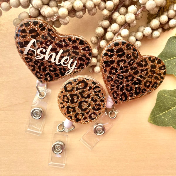 Cheetah Glitter Badge Reel, Gold Heart Badge Reel, Cheetah Heart, Cheetah Circle, Personalized, Rose Gold, Gift, Nurse ID Badge, Retractable