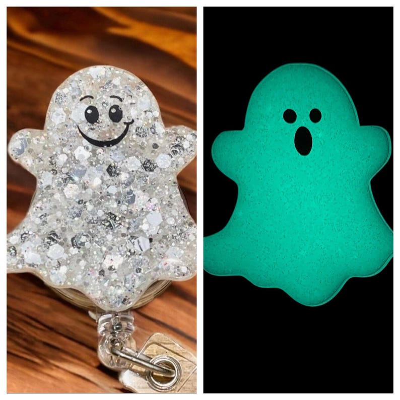 Pu&ograve; includere: Un portabadge a tema Halloween con un design a fantasma glitterato. Il fantasma ha una faccia sorridente ed &egrave; attaccato a un avvolgitore retrattile con una clip in metallo. La seconda immagine mostra il fantasma che si illumina di verde al buio.