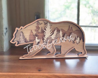 Layered Hardwood Bear Art, Rustic Lodge Decor