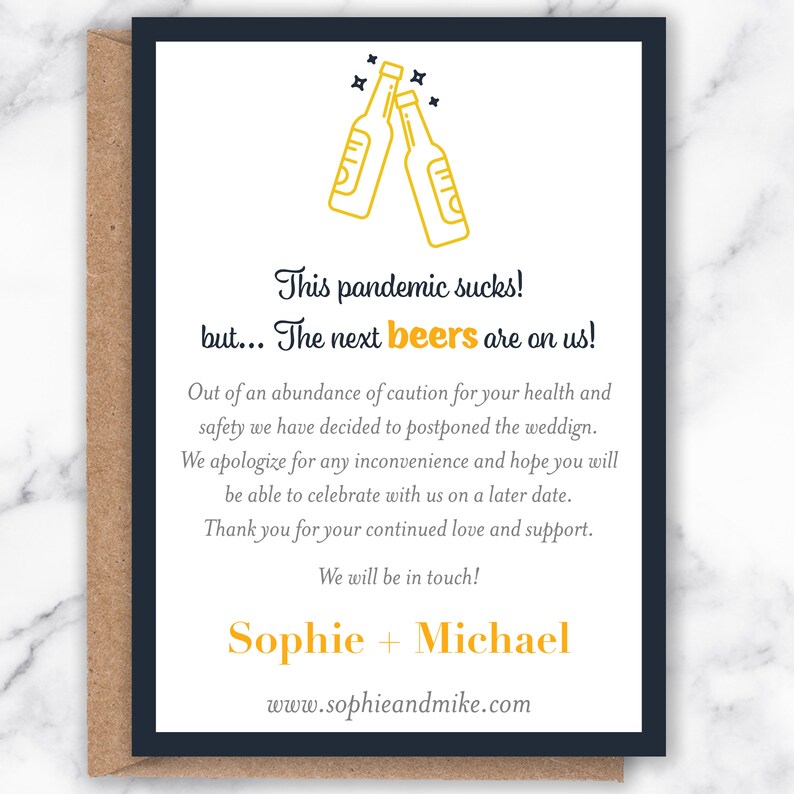 Cancelled Wedding Digital File The next beers are on us! Printable Wedding Postponement Postponement Announcement Date Change