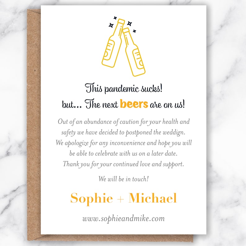 Cancelled Wedding Digital File The next beers are on us! Printable Wedding Postponement Postponement Announcement Date Change