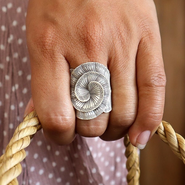 Flower Sterling Silver 925 Artisan Statement Ring Adjustable Size, Boho Ethnic Hippie Tribal Jewelry