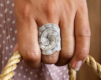 Flower Sterling Silver 925 Artisan Statement Ring Adjustable Size, Boho Ethnic Hippie Tribal Jewelry