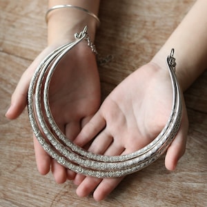 ONE ONLY Flower Pattern 3 Hoop Choker Adjustable Sterling Silver 925, Tribal Thai Design UNIQUE