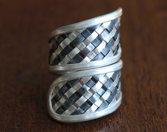 Basket Weave Two-Tone Sterling Silver 925 Ring Adjustable Size