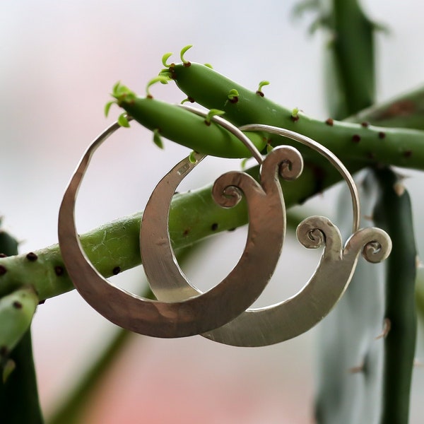 Sterling Silver 925 Tribal Spiral Hoop Earrings, Boho Ethnic Hippie Gypsy Tribe Artisan