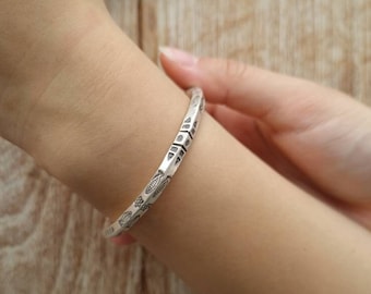 Tribal Fish And  Flower Sterling Silver 925 Bangle Bracelet Open Adjustable Size, Boho Ethnic Hippie Gypsy Tribe Artisan Thailand