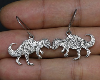 Dinosaur Silver Dangle Earrings Sterling Silver, Artisan Boho Ethnic Hippie Jewelry
