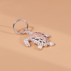 Può includere: Un ciondolo a forma di tartaruga in argento con un anello rotondo attaccato. La tartaruga è rivolta a destra e ha un guscio dettagliato.