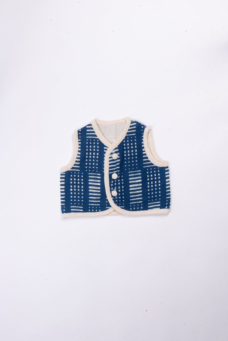 Indigo Natural Hand Dyed Child's Sleeveless Waistcoat Age 6-18 months Unisex Super soft 100% cotton Shibori plant color etched fabric image 1