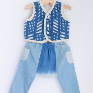 Indigo Natural Hand Dyed Child's Sleeveless Waistcoat Age 6-18 months Unisex Super soft 100% cotton Shibori plant color etched fabric image 5