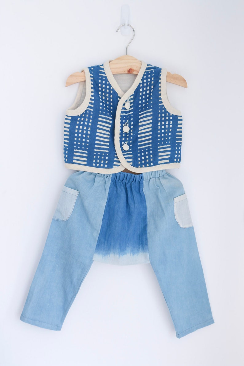 Indigo Natural Hand Dyed Child's Sleeveless Waistcoat Age 6-18 months Unisex Super soft 100% cotton Shibori plant color etched fabric image 5