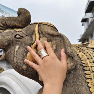 Könnte beinhalten: Ein silberner Ring mit einem gewebten Design. Der Ring wird am Zeigefinger einer Hand getragen, die eine steinerne Elefantenstatue berührt.