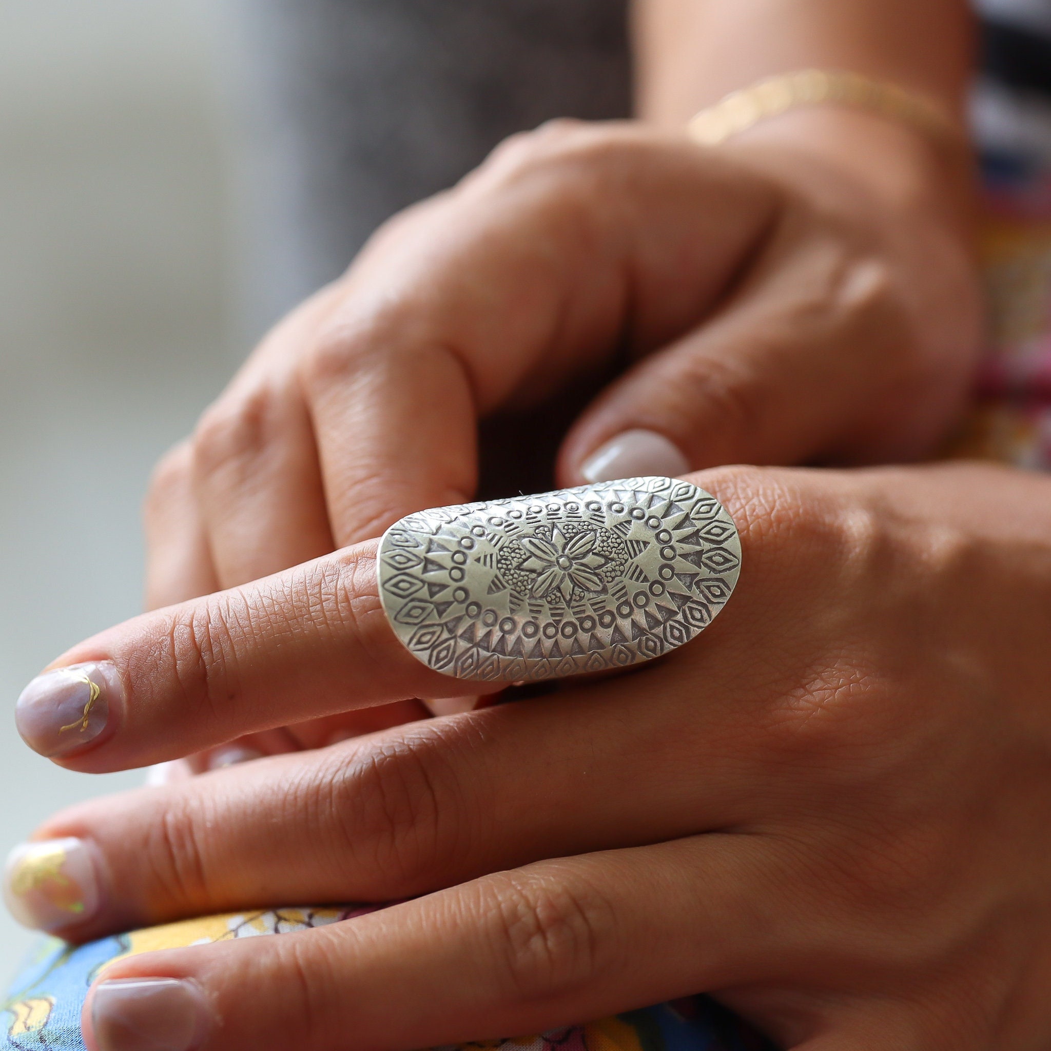 Large Mandala Sterling Silver Ring: Adjustable Boho Tribal Jewelry