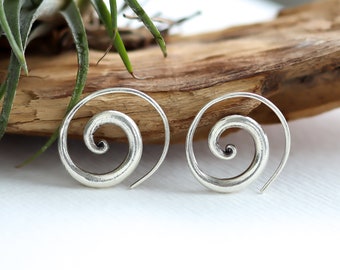 Pendientes espirales tribales de plata de ley 925, Karen Hill-Tribe Tailandia Boho Étnico Hippie Gitano Chic Artesano