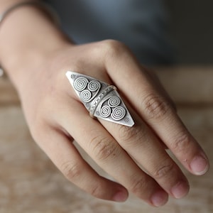 Trapezoid Sterling Silver 925 Artisan Mandala Statement Ring Adjustable Size, Boho Ethnic Hippie Tribal Jewelry