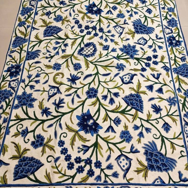 4x6 Blue and White Hand made Wool Floral Rug For Living Room, Bedroom