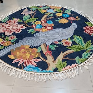Handmade Bird Decorative Rug | Round Wool Floral Rug | Kashmir Tapestry Rug