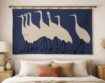 Handmade Wool Crane Tapestry | 5x3 Wall Hanging | Nature-Inspired Textile Art | Bird Rug | Boho Home Decor | Custom Background Colour
