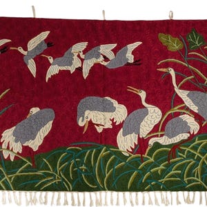 5x3 ハンドメイドウール フライングクレーン タペストリーラグ | チェーンステッチ刺繍 壁掛け | 鳥アート装飾