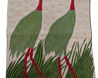 2x3 Hand Embroidered Wool Cranes Tapestry, Rustic Bird Wall Hanging, Kashmiri Chainstitch Wall Art